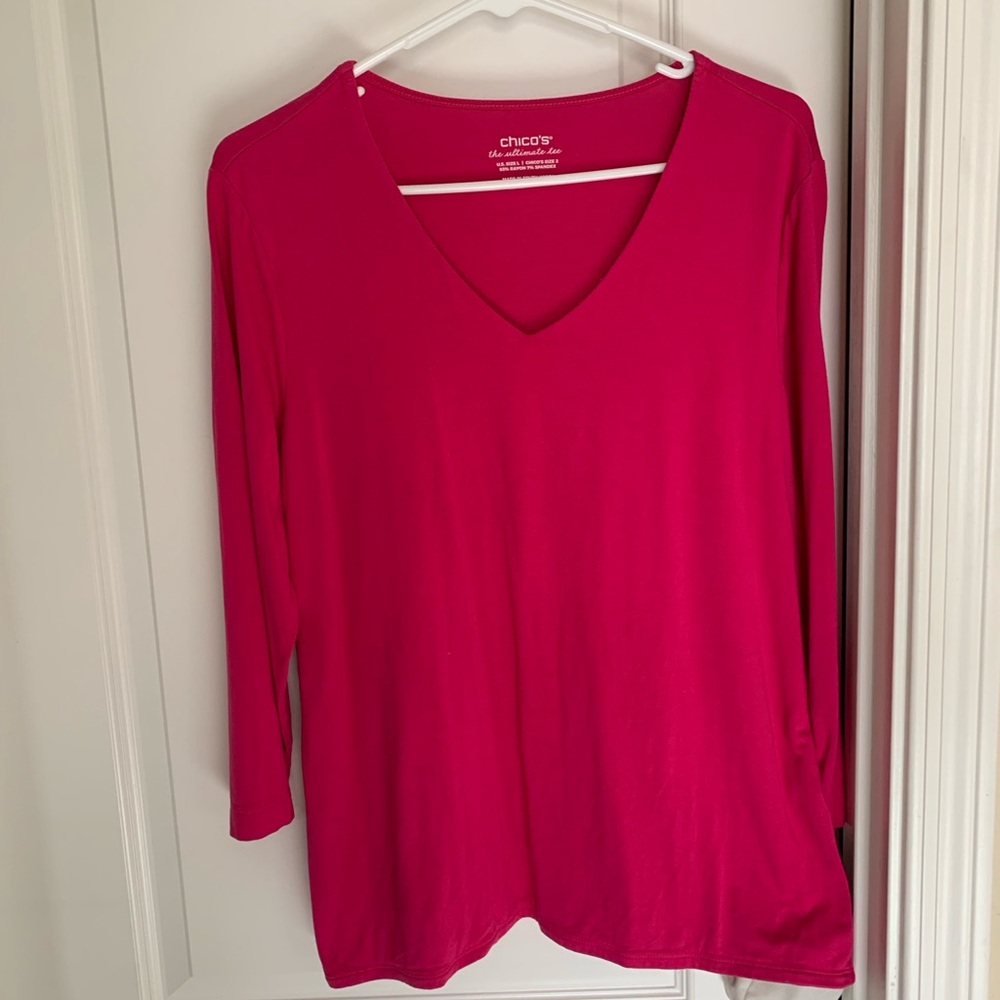 Chico's Fuchsia Long Sleeve V-Neck Top Size L